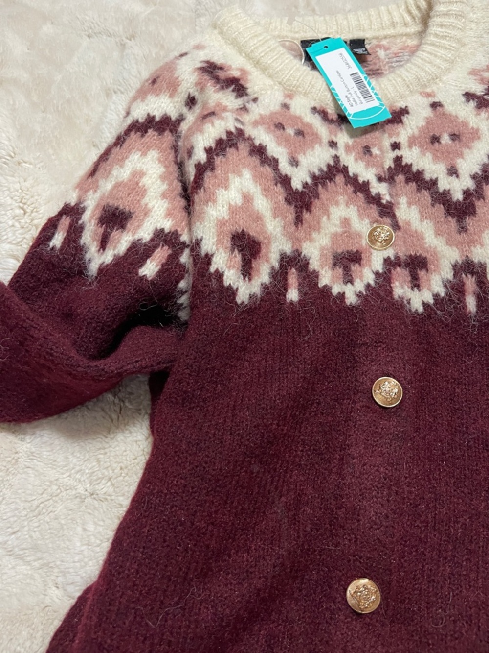 RD Style Burgundy & Cream Fair Isle Button Cardigan